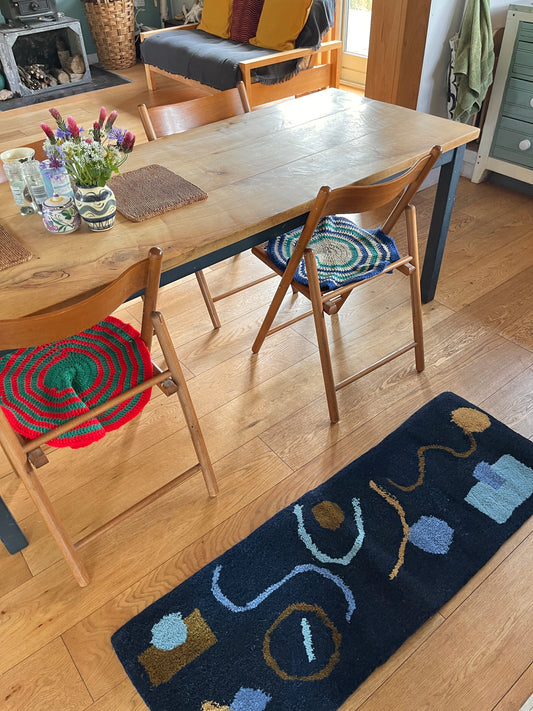 'Kelp' Hand tufted wavy stripe Navy small mini tufted runner rug