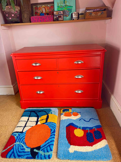 'Ahoy!' Hand tufted blue boat small rug