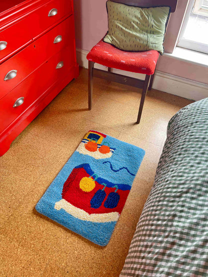 'Ahoy!' Hand tufted blue boat small rug