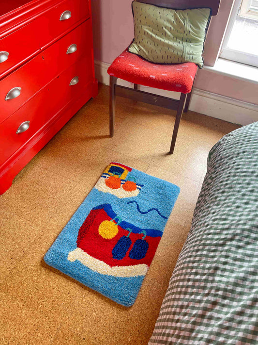 'Ahoy!' Hand tufted blue boat small rug