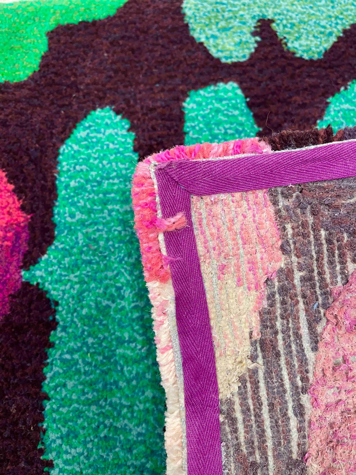 'Radish' Hand tufted burgundy, pink and green tufted runner rug
