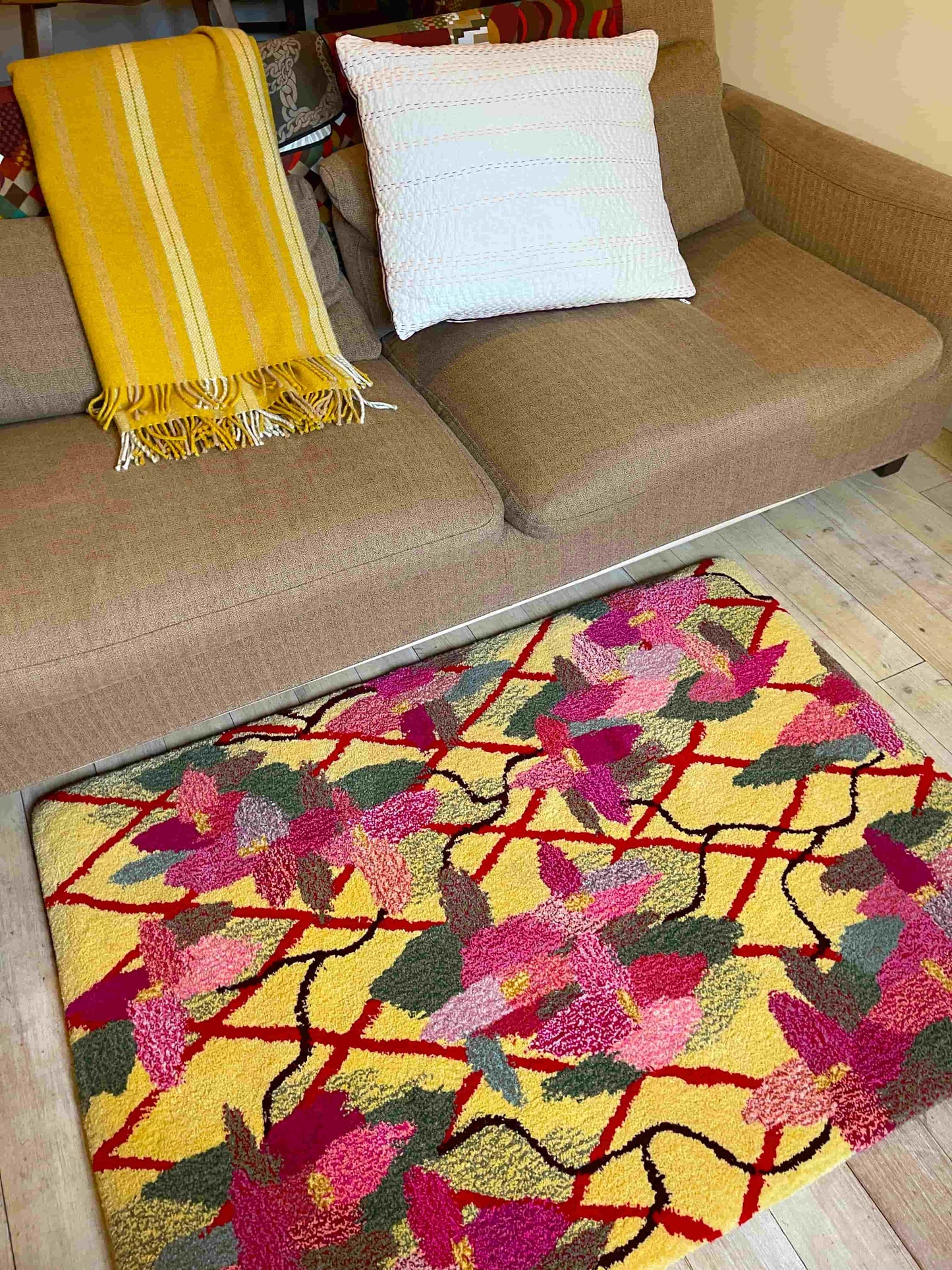 'May' Hand tufted petal pink, sage green, butter yellow and red medium floral tufted rug