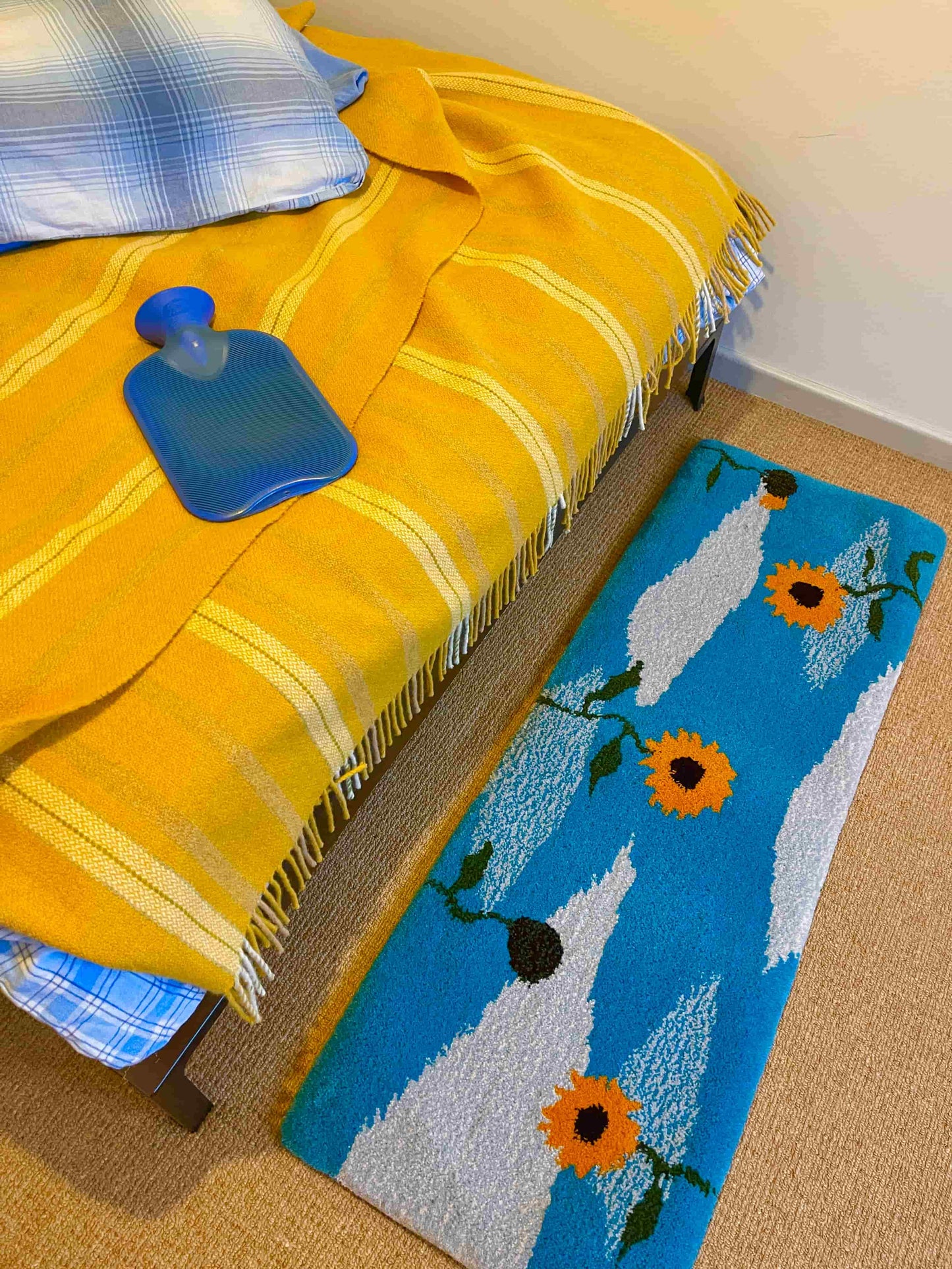 'Sunflower' Hand tufted mustard yellow and duck egg blue small tufted rug