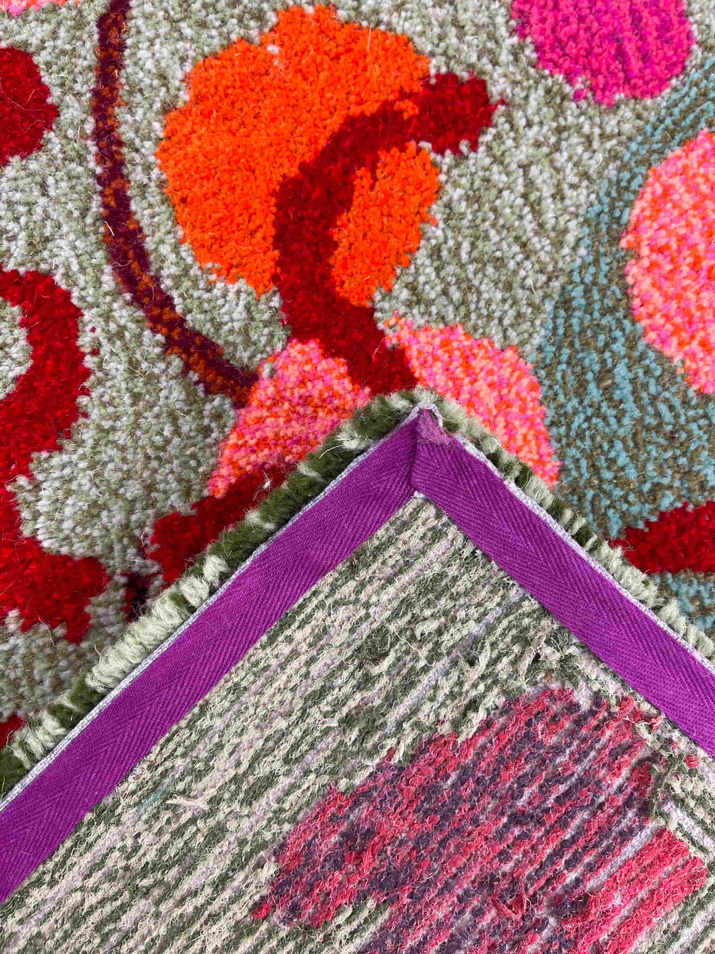 'Kitchen Garden' Hand tufted sage green, pink and orange runner tufted rug