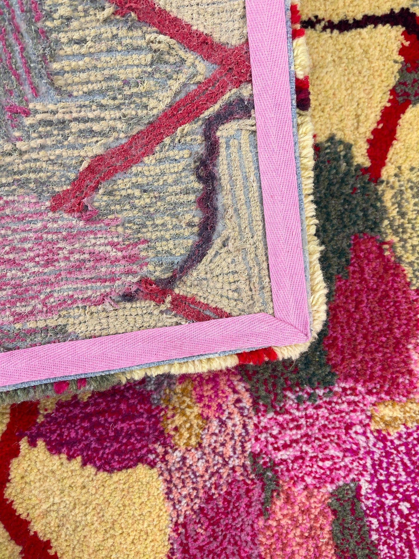 'May' Hand tufted petal pink, sage green, butter yellow and red medium floral tufted rug