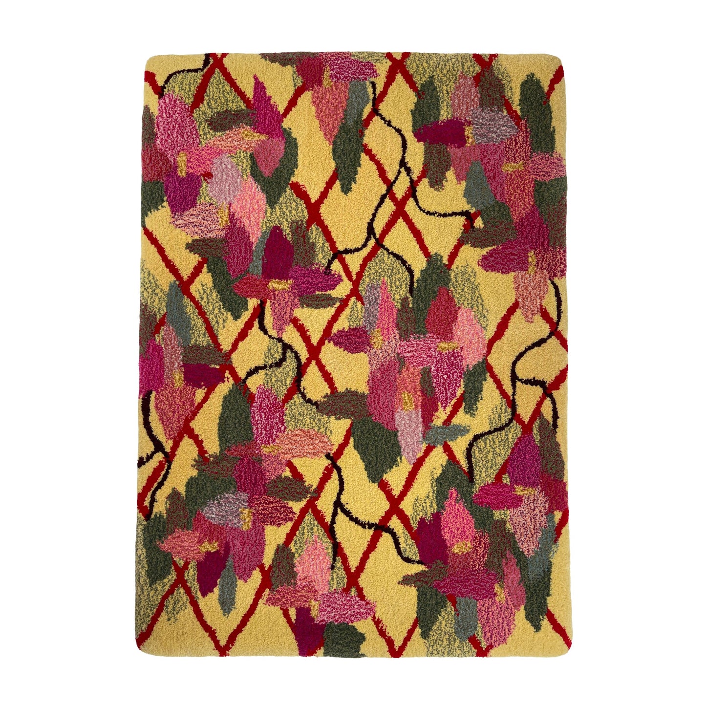 'May' Hand tufted petal pink, sage green, butter yellow and red medium floral tufted rug