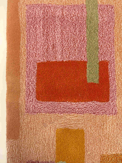 'Scorched' Hand tufted salmon pink, sage green, sandy yellow and rust orange large tufted rug