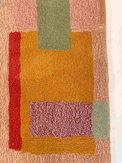 'Scorched' Hand tufted salmon pink, sage green, sandy yellow and rust orange large tufted rug