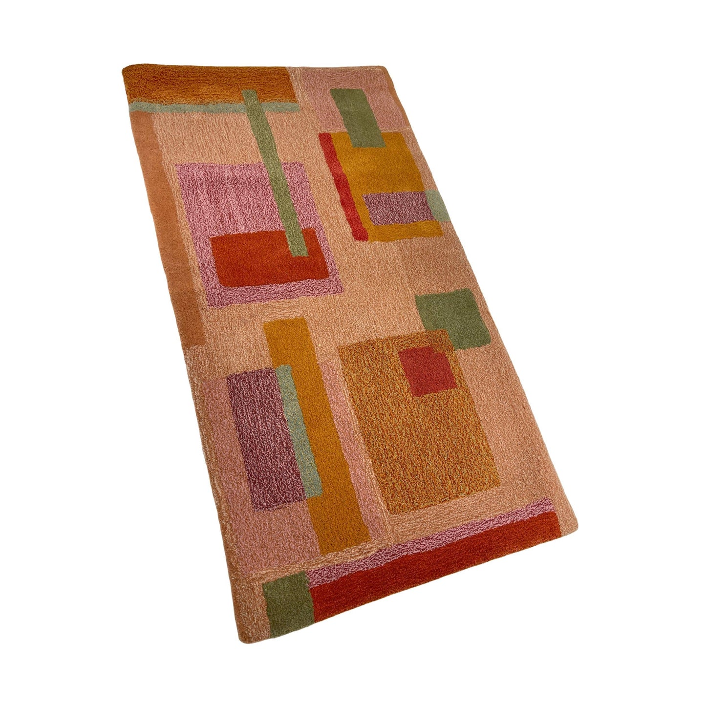 'Scorched' Hand tufted salmon pink, sage green, sandy yellow and rust orange large tufted rug